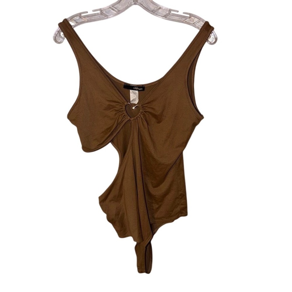 Minette Brown Heart Ring‎ Cutout Bodysuit Sleeveless V-Neck Top Large